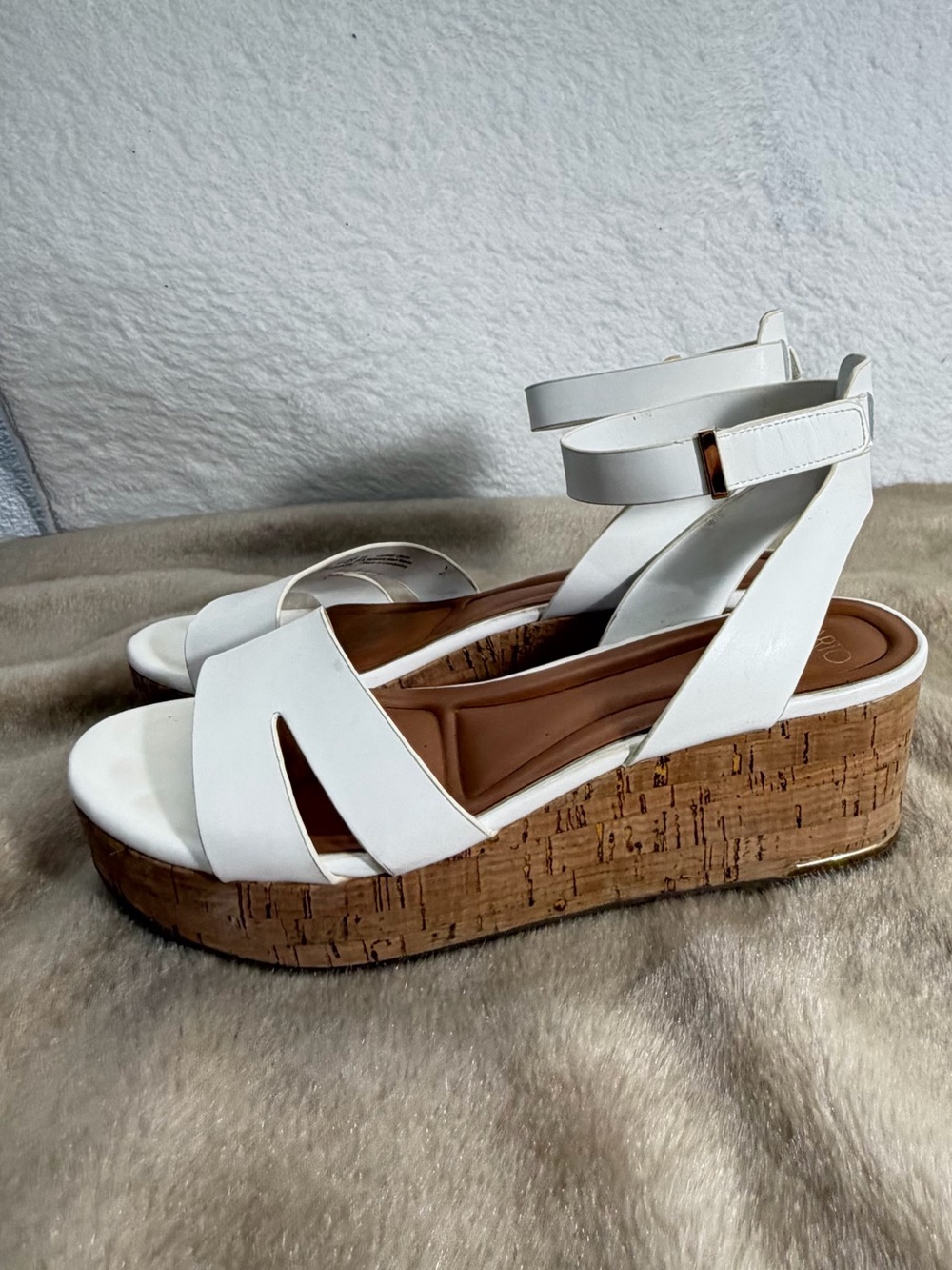 SARTO Franco Sarto Tilly Leather Cork Wedge Platform Sandals White Womens 9.5